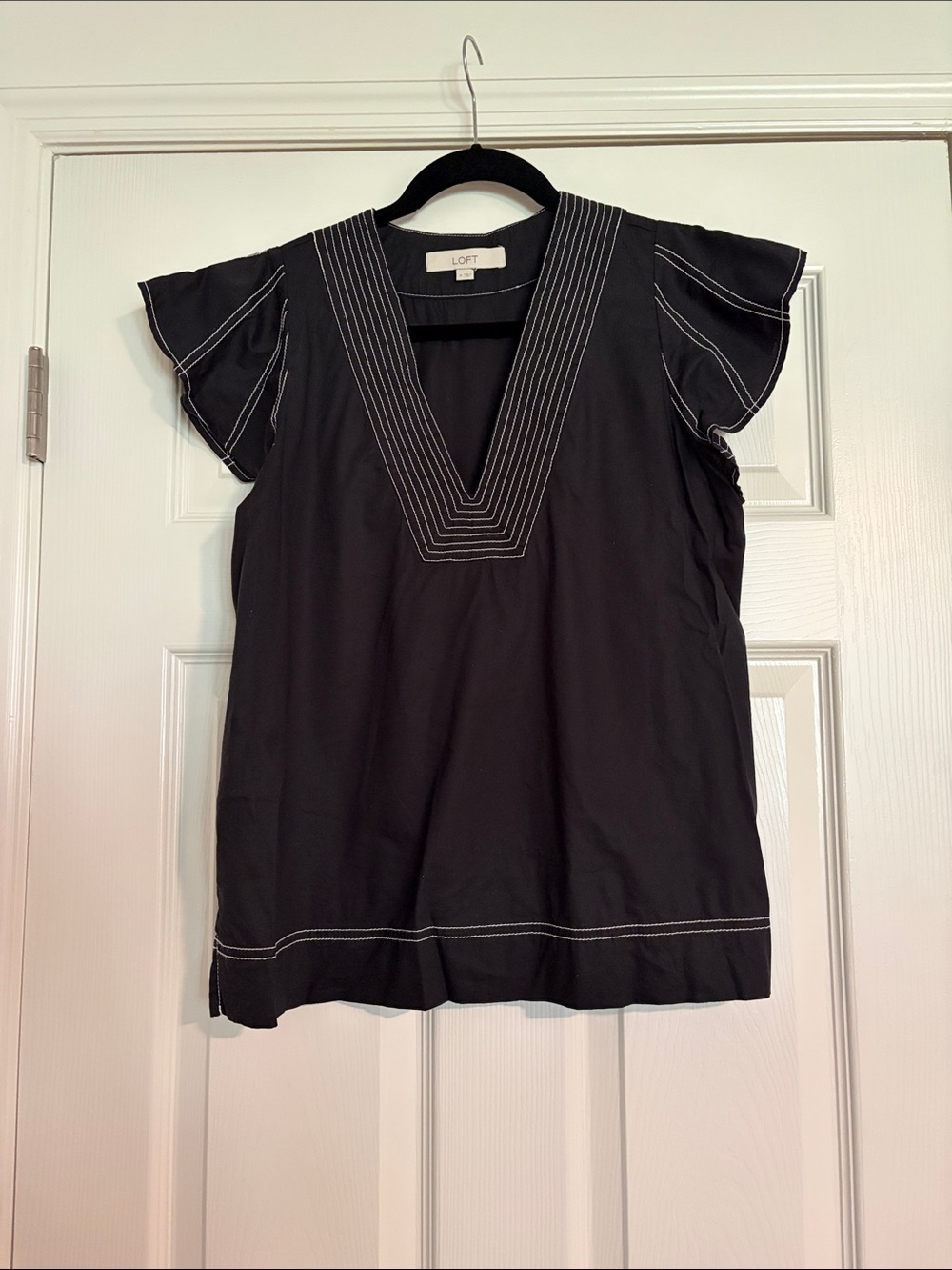 LOFT Black V-Neck Flutter Sleeve Top with Contrast White Stitching